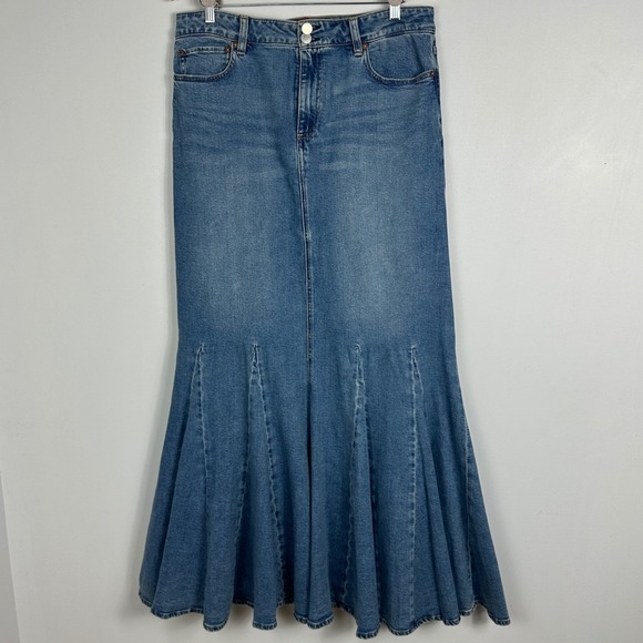 Alice Olivia Flare Denim Skirt Womens Size 12 Nala Godet Maxi Floor Length Avery - Picture 4 of 16